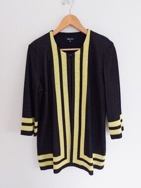Misook Black Yellow Contrast Trim Open Front Knit Jacket Cardigan Large